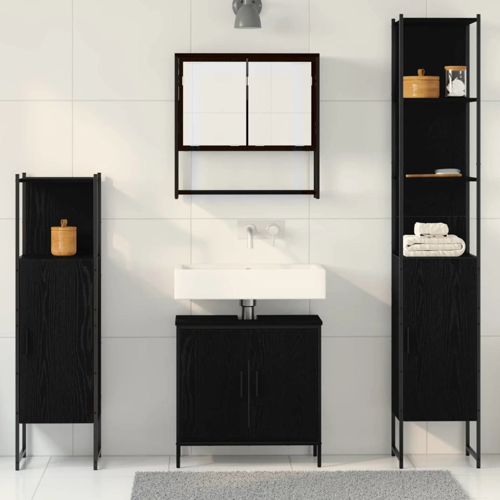 Set di mobili per il Bagno | Armadio da bagno 4 pz Nero Legno multistrato