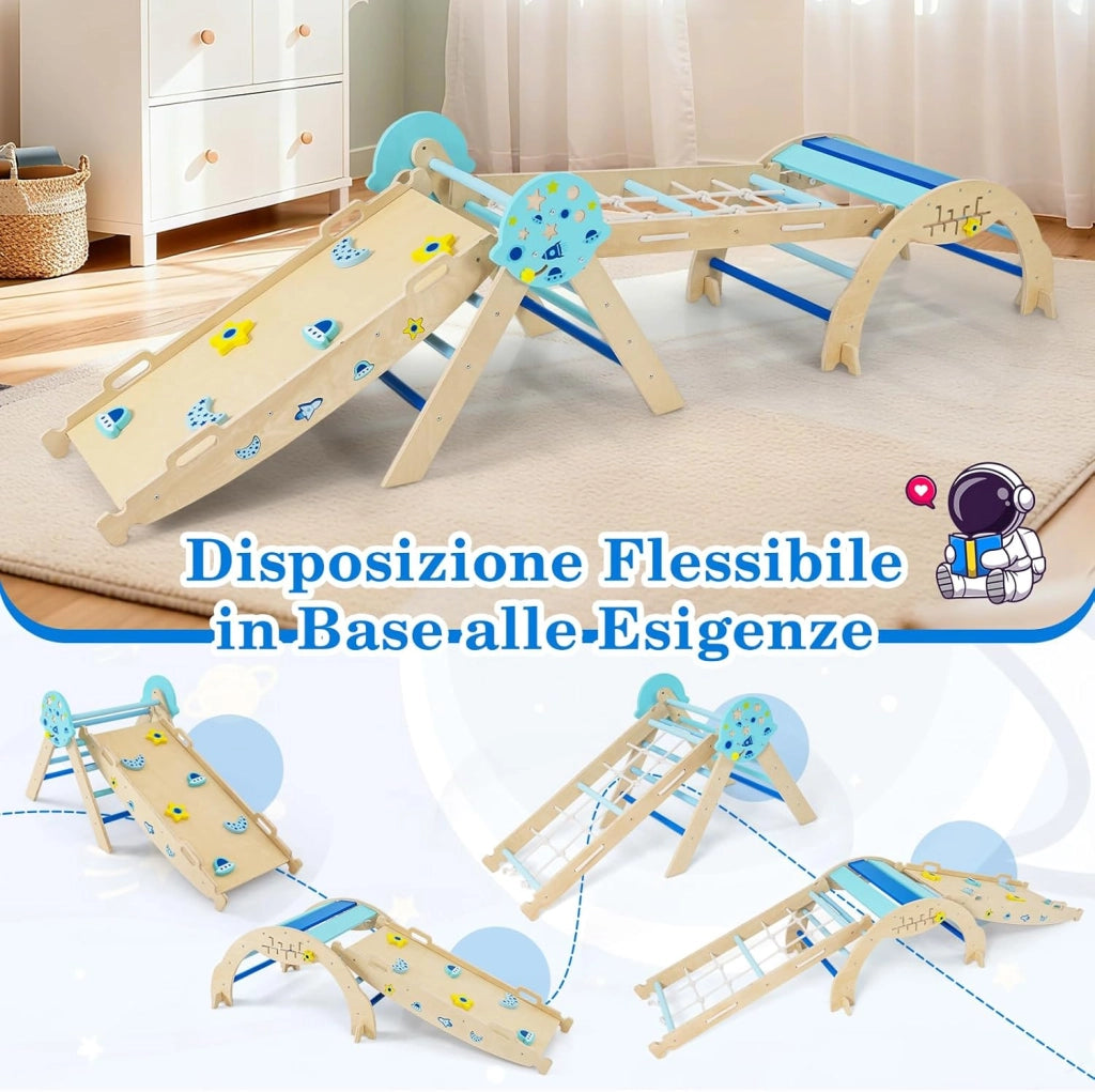 8 in 1 Set da Arrampicata per Bambini, Giocattoli da Arrampicata in Legno con Triangolo Arco Rampa e Corda, Giochi Montessori per Bambini 1 Anni + (Astronauta 4 pezzi, Blu)