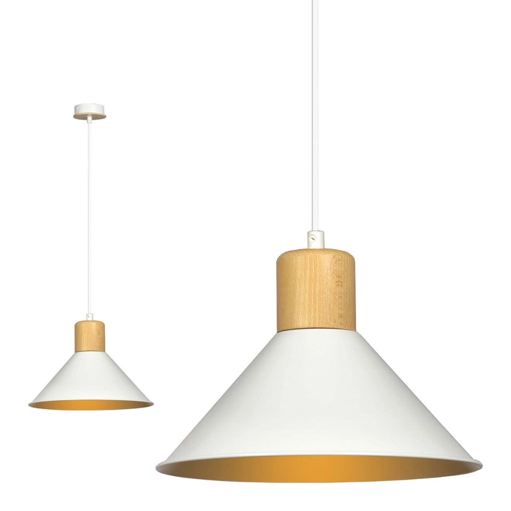 Lampada a sospensione Rowen in acciaio bianco e legno
