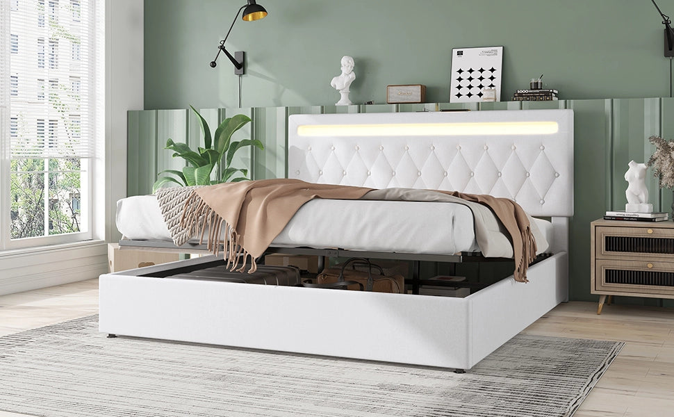 DESMIU Letto matrimoniale 180 × 200 cm 2 posti con contenitore idraulico, USB e LED, senza materasso, bianco