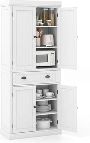 Credenza Alta da Cucina 183,5 cm, Armadio Alto a Buffet in Legno, Mobile Cucina Dispensa con Ripiani Regolabili e Cassetto, per Soggiorno, Sala da Pranzo, 76 x 40 x 183 cm (Bianco)