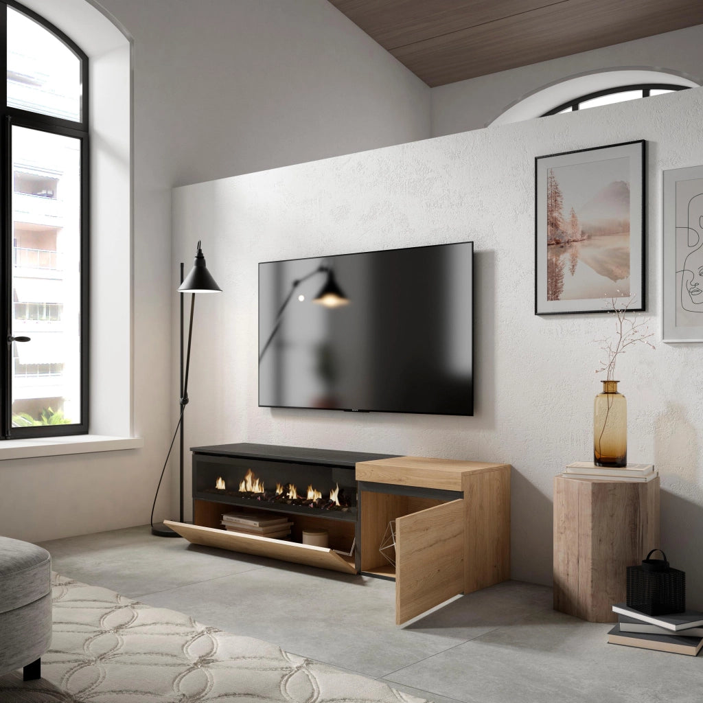 Mobile TV Soggiorno, 150x35x45cm, Per TV fino a 65", Camino elettrico, colore Rovere e nero RF2430