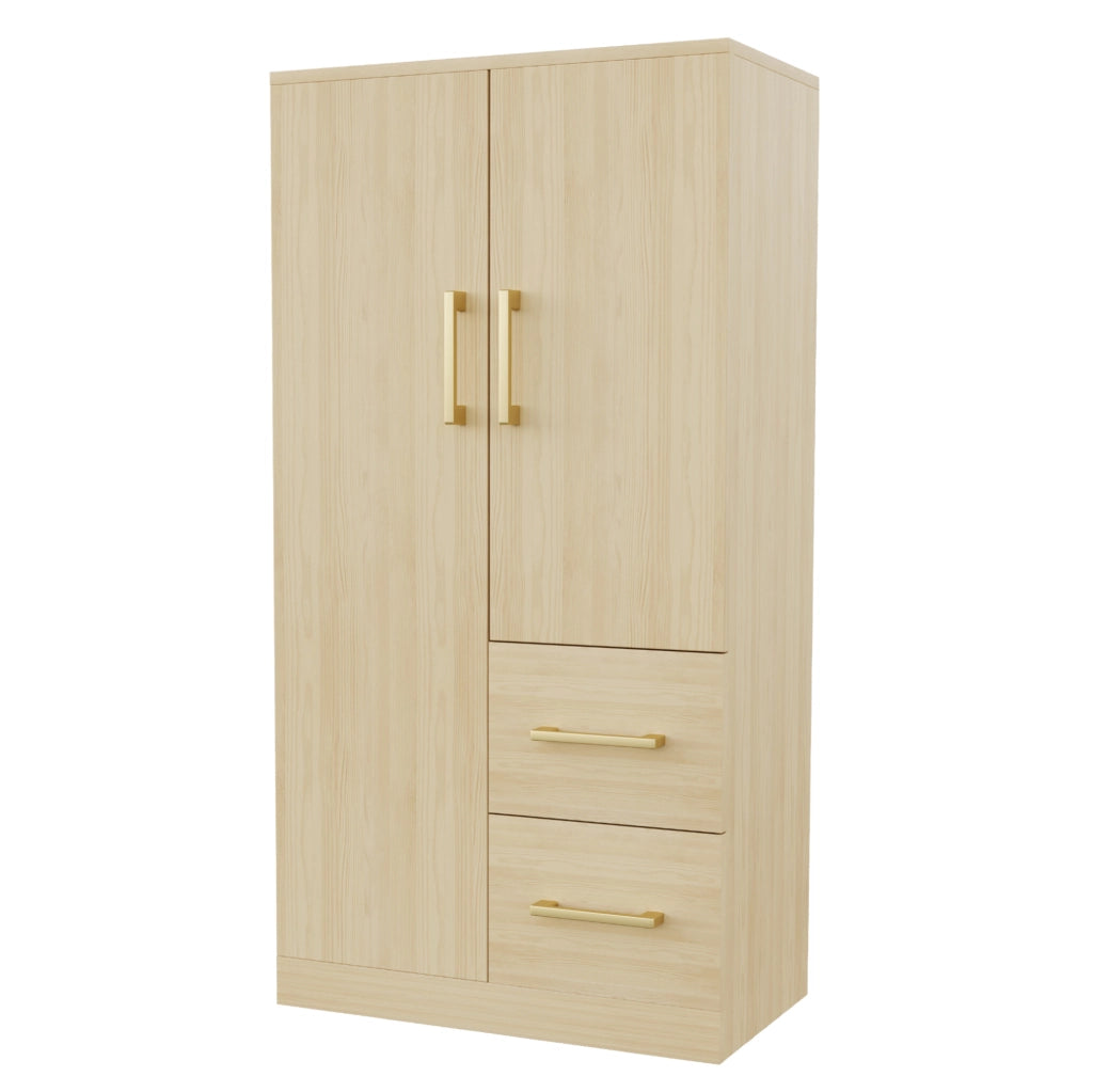 Armadio per cameretta a 2 ante con 2 cassetti e vano contenitore; 70 x 40 x 135 cm; legno naturale