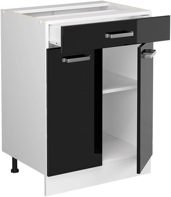 Mobiletto base per cucina R-Line, Nero lucido, 60 cm con cassetto, senza piano di lavoro, per la libera combinazione all'interno di sistemi cucina modulari