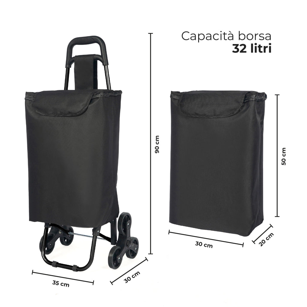 Carrello Spesa Saliscale 6 Ruote Pieghevole con Borsa Impermeabile, Porta Spesa per Scale Supermercato e Casa, Struttura in Acciaio – Il Gruppone   Nero