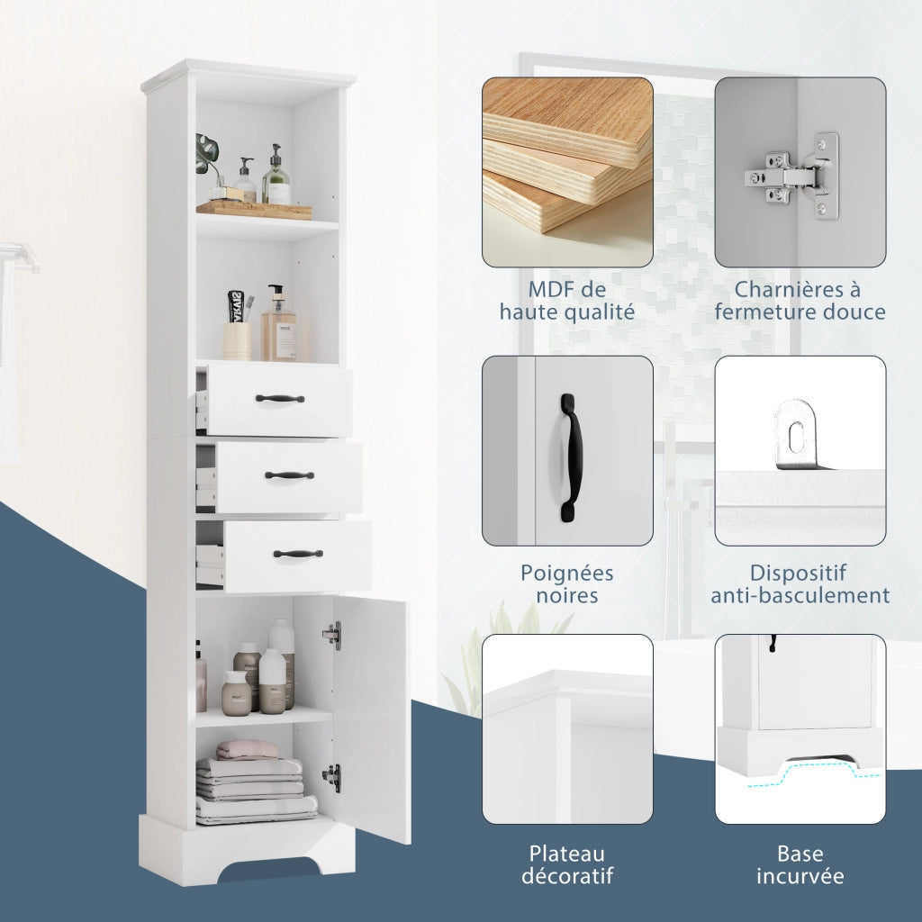 Armadietto da bagno con 3 cassetti, vani aperti e ripiano regolabile in MDF laccato, bianco, 38 × 26 × 172,5 cm