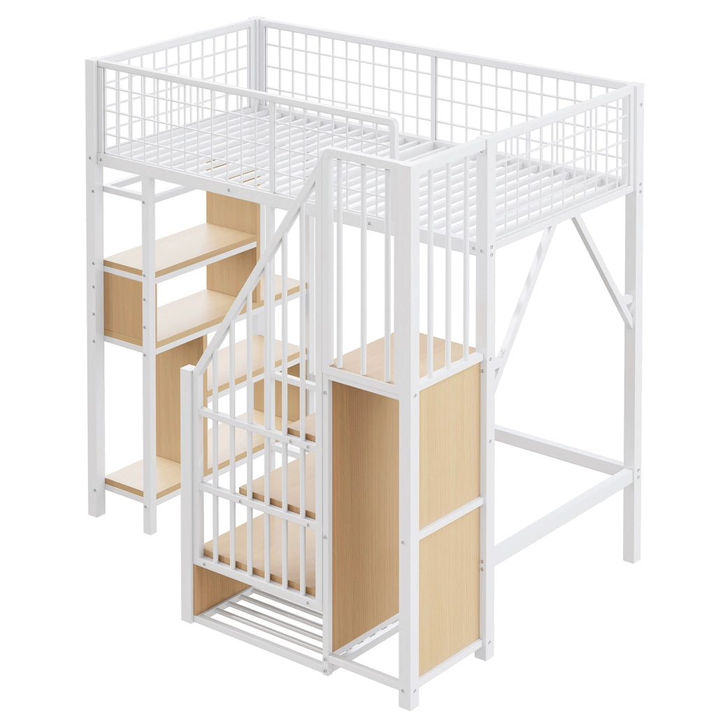 Letto a soppalco 90x200 cm in metallo con scala contenitore; bianco