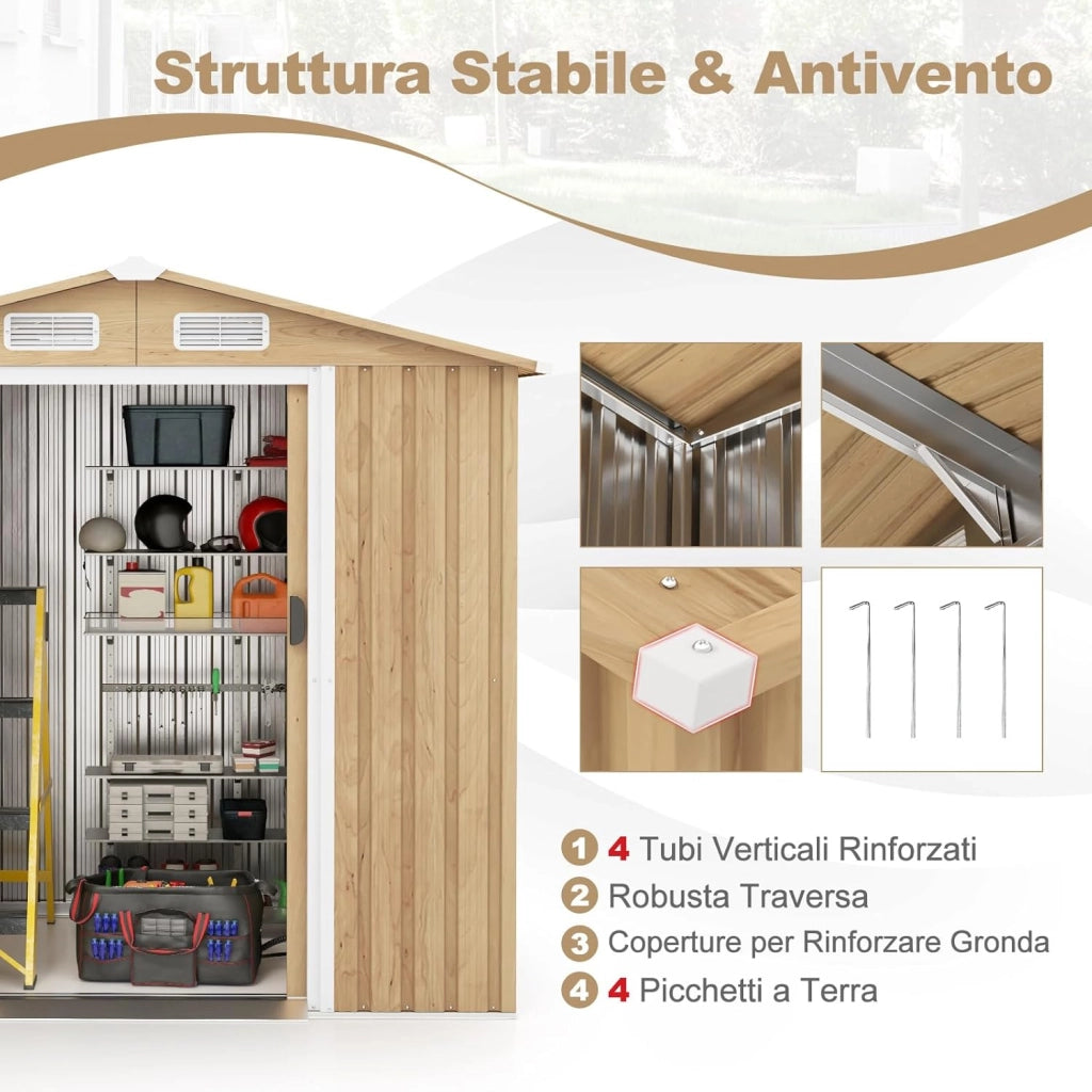 Casetta da Esterno 2,34㎡, Capanno Porta Attrezzi con Porte Scorrevoli, Maniglie, Sfoghi e Tettoia, Casetta da Giardino in Lamiera di Acciaio e Lamiera Zincata (196 x 142 x 186 cm)