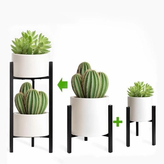Supporto per Piante Regolabile per Uso Indoor e Outdoor - 2 Livelli, Supporto per Fiori in Metallo per Dimensioni di Vaso 20-30cm, 66cm di Altezza, Nero Quadrato - 2 Pezzi