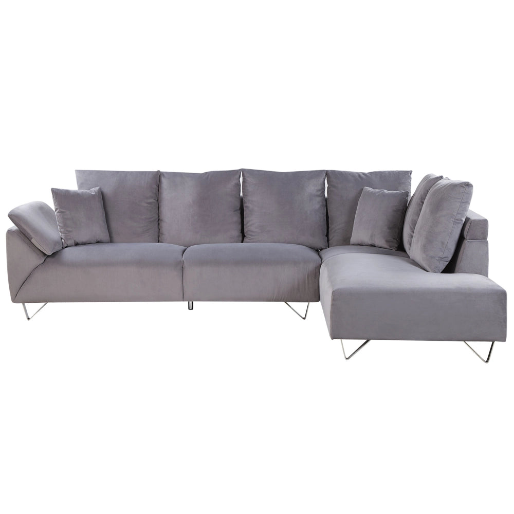 Divano angolare in tessuto di velluto a coste grigio 266 x 181 cm Cuscini Gambe cromate