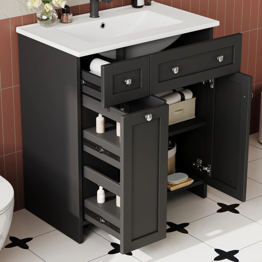 Mobile bagno freestanding nero con lavabo in ceramica, 3 cassetti e anta, 76x47x86 cm