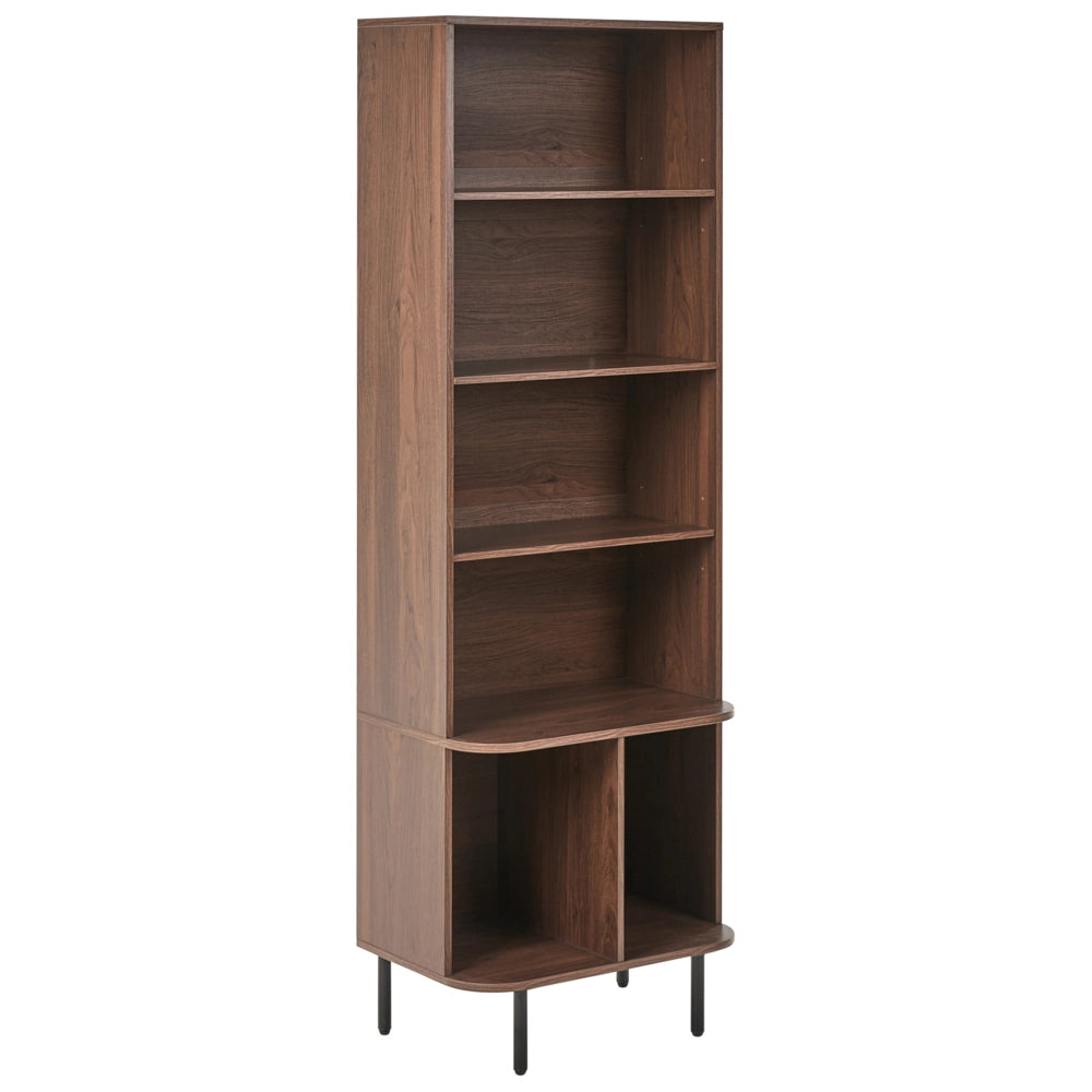 Libreria a 5 ripiani in MDF, impiallacciatura di carta, truciolato e ferro laminato, colore marrone scuro