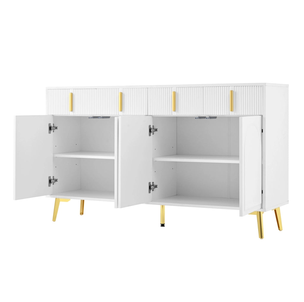 Credenza 140x38x82 cm; 4 cassetti e 4 ante; ripiani regolabili; MDF bianco con dettagli oro