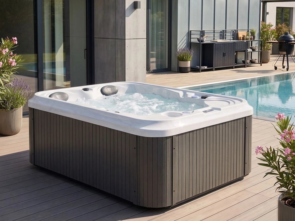 Vasca Idromassaggio da Esterno 200 x 150 cm in Acrilico con 36 Getti, LED e Rivestimento Grigio