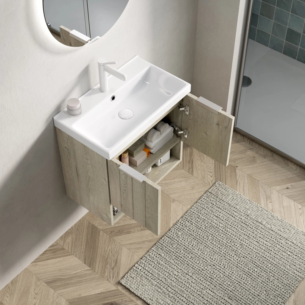 Mobile bagno sospeso con 2 ante e ripiano aperto; lavabo in ceramica bianca; per bagno; 49×39×61 cm; bianco