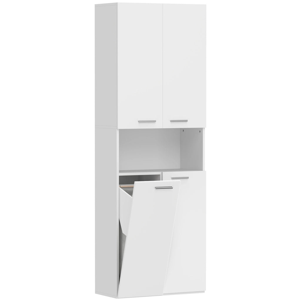 Mobile da Bagno 60x30x174 cm a 2 Ante con Cesto Portabiancheria a Ribalta e Ripiano Aperto in Legno Bianco