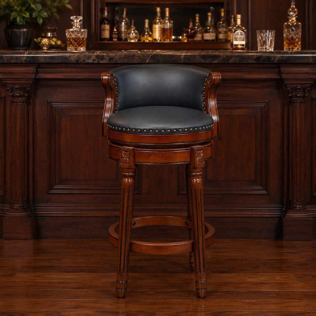 Sgabello da bar girevole 55x55x34 cm con schienale curvo in pelle e legno blu