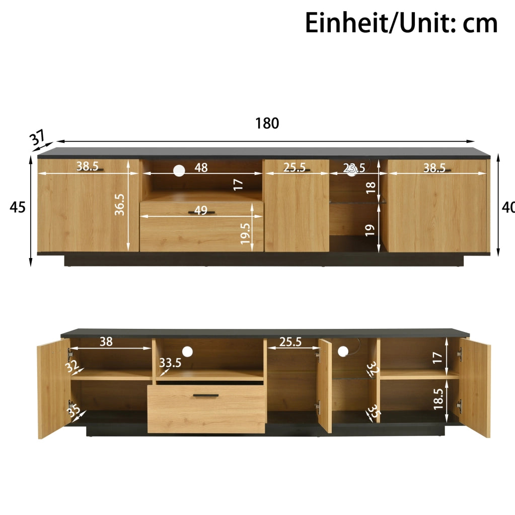 Mobile TV 180x37x45 cm; 16 luci LED con app Bluetooth; 3 ante e cassetto; MDF nero