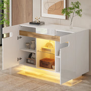 Credenza con LED e 4 vani, ripiani in vetro regolabili, per soggiorno e cucina, bianco naturale, 120 × 40 × 80 cm