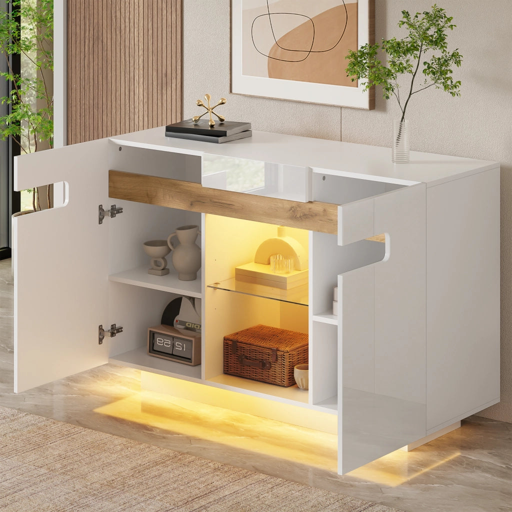 Credenza con LED e 4 vani, ripiani in vetro regolabili, per soggiorno e cucina, bianco naturale, 120 × 40 × 80 cm