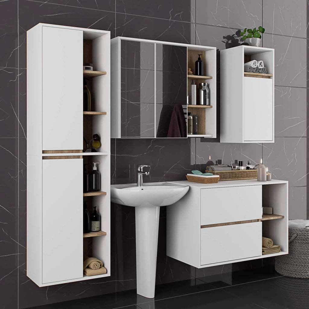 Pensile bagno con specchio VAMI Bianco, Sonoma Quercia 90 cm 2 ante 90x15x75 cm