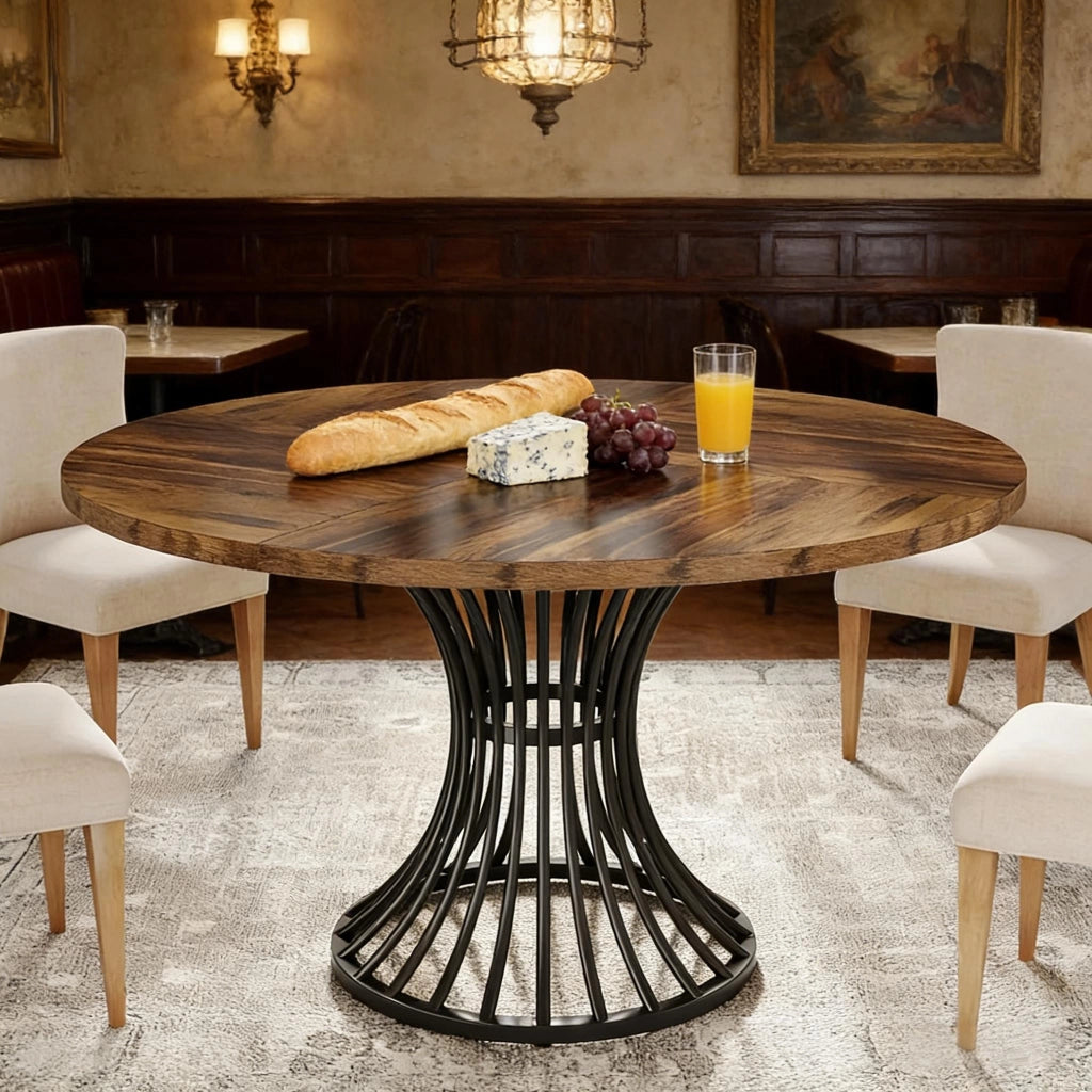 Tavolo da pranzo rotondo per 6 persone con base a clessidra e piedini regolabili in MDF e metallo nero