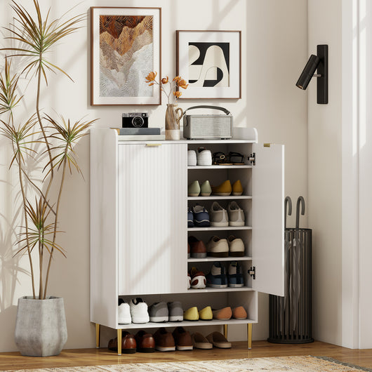 Scarpiera Salvaspazio per 24 Paia di Scarpe con 2 Ante 3 Ripiani Estraibili e Mensola Inferiore Bianco