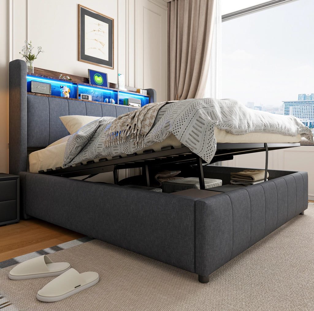 Letto imbottito 140x200 cm grigio con LED, USB e contenitore