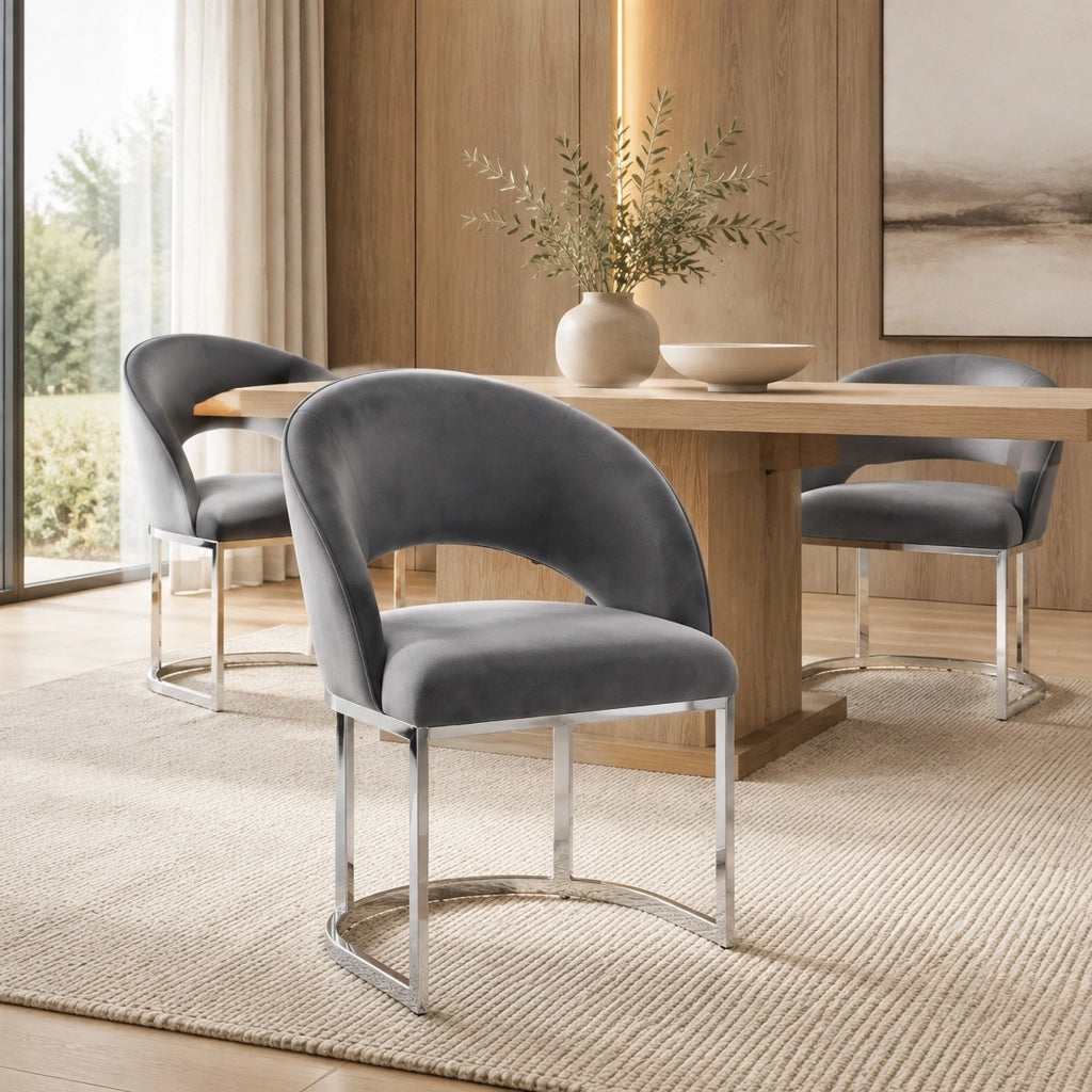 Set di 4 sedie da pranzo 59x56x80 cm in velluto; schienale curvo; gambe in metallo; grigio e argento