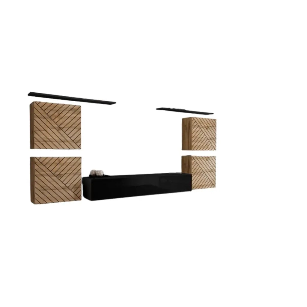 Insieme mobile soggiorno SWITCH IV – Rovere Wotan e Nero – Finiture in rovere fresato e nero lucido – Design moderno
