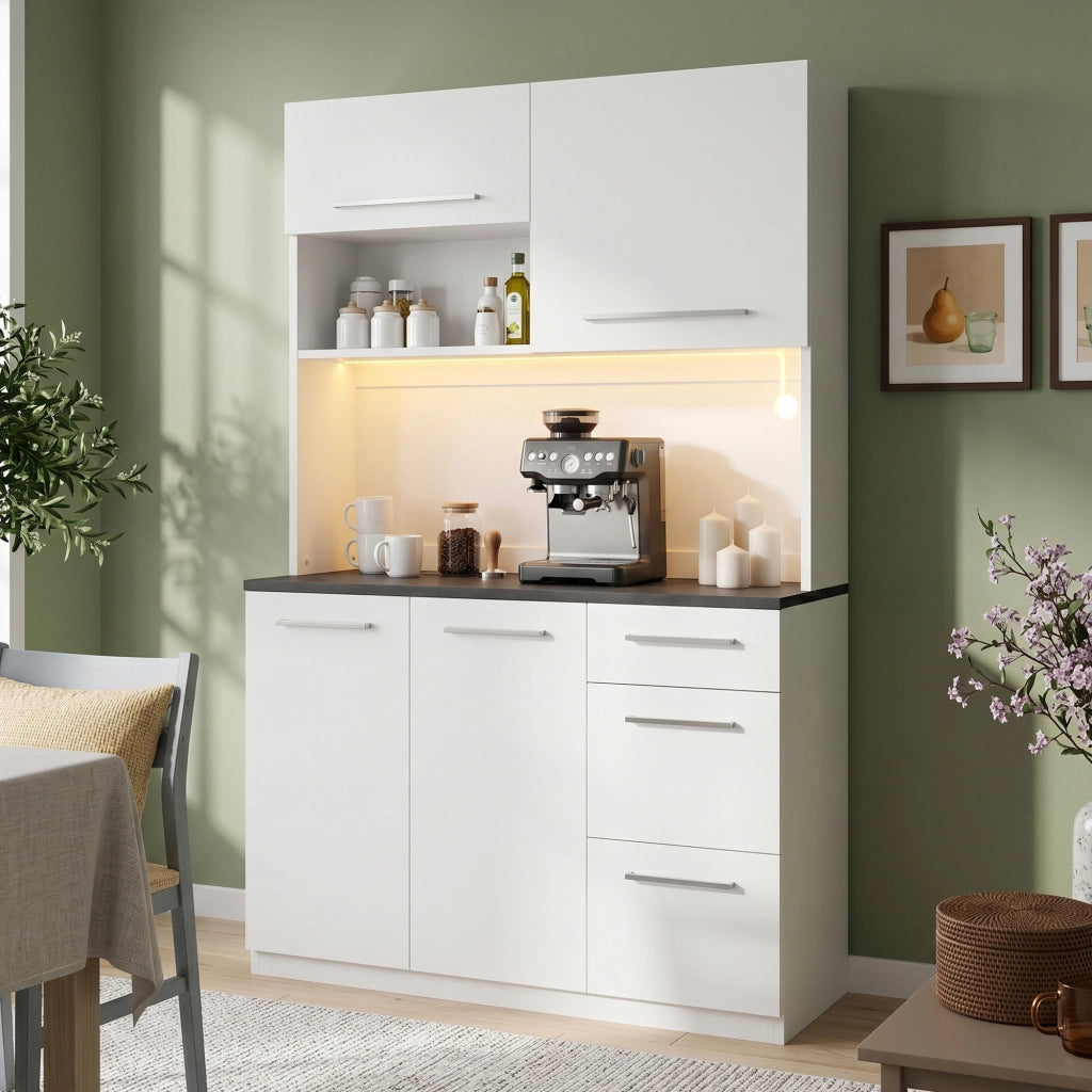Credenza e madia con LED, 2 prese e USB-A e USB-C, ripiani regolabili, per sala da pranzo, bianco, 120 × 40 × 180 cm