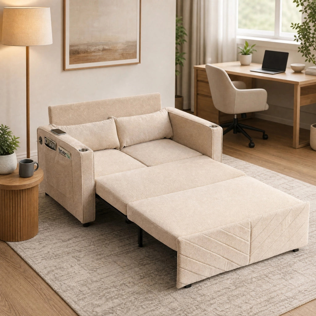Divano letto 2 posti con trasformazione scorrevole e porte usb in legno e tessuto beige 195 × 134 × 73 cm