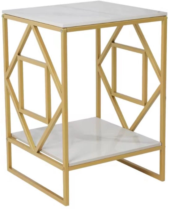 Biblioteca a 2 Livelli - Tavolo in Pietra Naturale - Struttura in Metallo - Stile e Spazievitore - Comodino - Bianco/oro