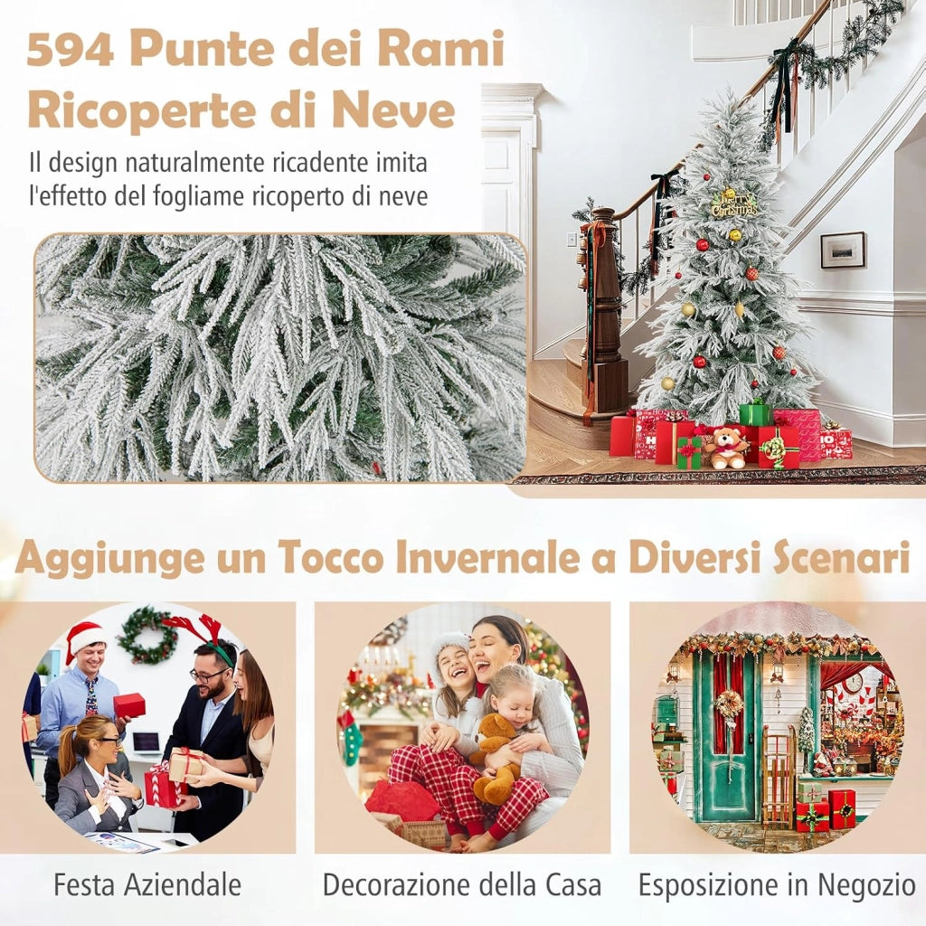 Albero di Natale Artificiale Innevato 180 cm, Albero di Natale Pre-illuminata con 250 Luci LED Bianco Caldo, 594 Punte di Ramo e Supporto in Metallo