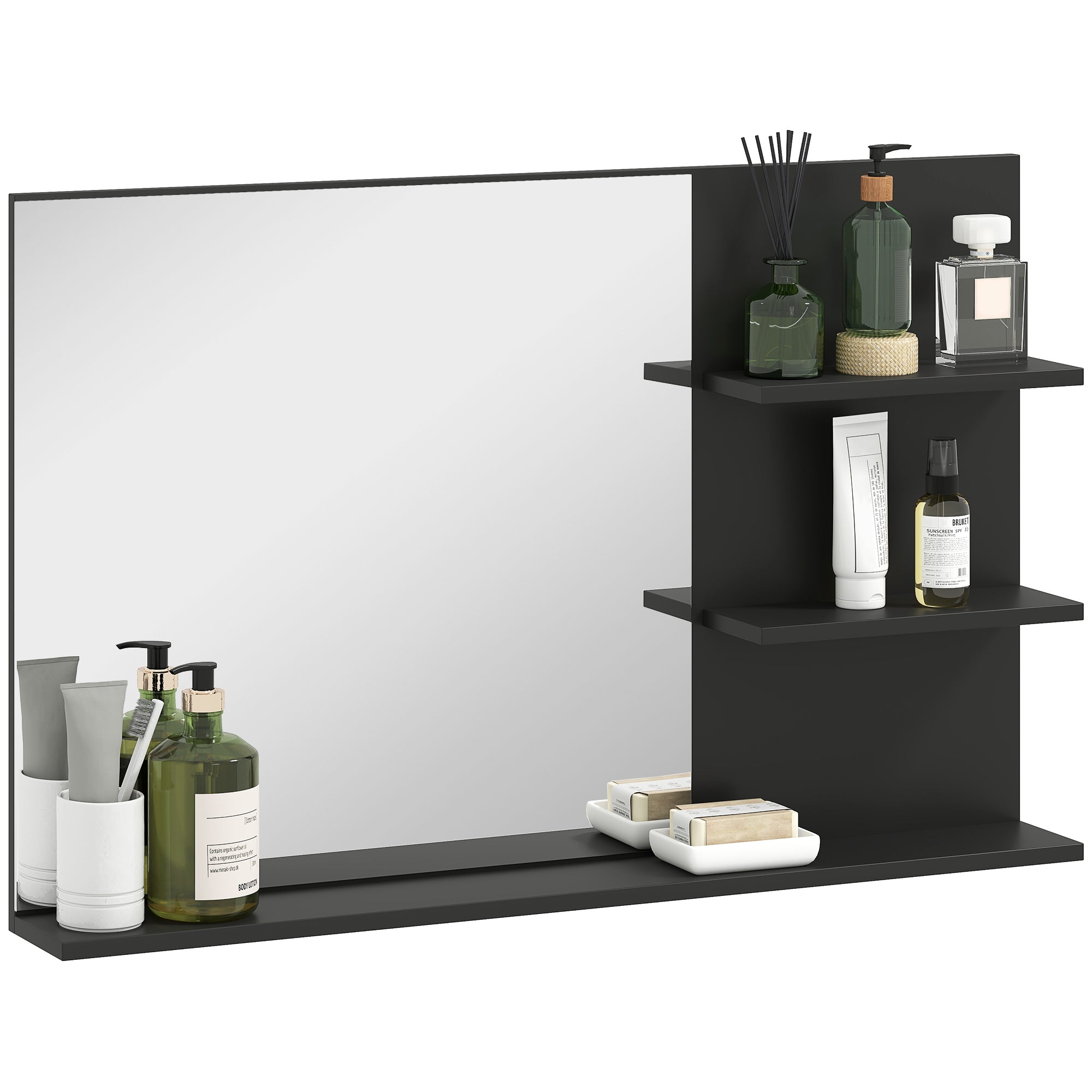 Specchio Bagno da Parete 75x10x48 cm con Mensole in Legno e Vetro Nero