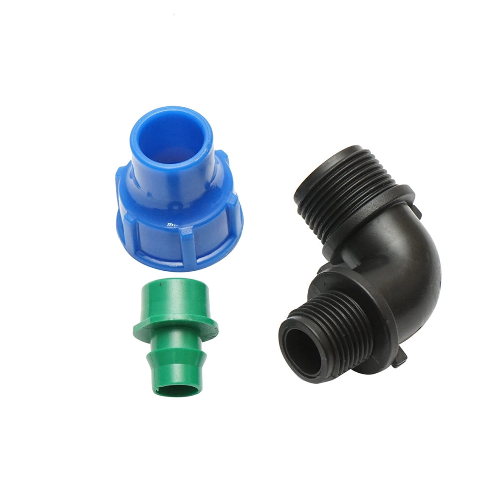 Gomito di raccordo a compressione con filettatura esterna D16mmx1/2 per sistemi di irrigazione.