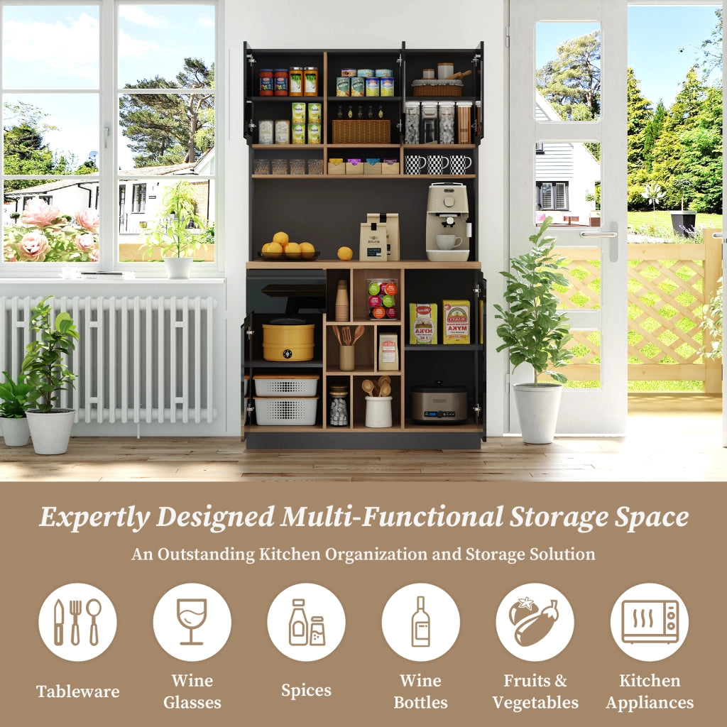 Credenza alta con ante, cassetto e vani aperti, per cucina moderna, in MDF nero naturale, 105 × 45 × 185 cm