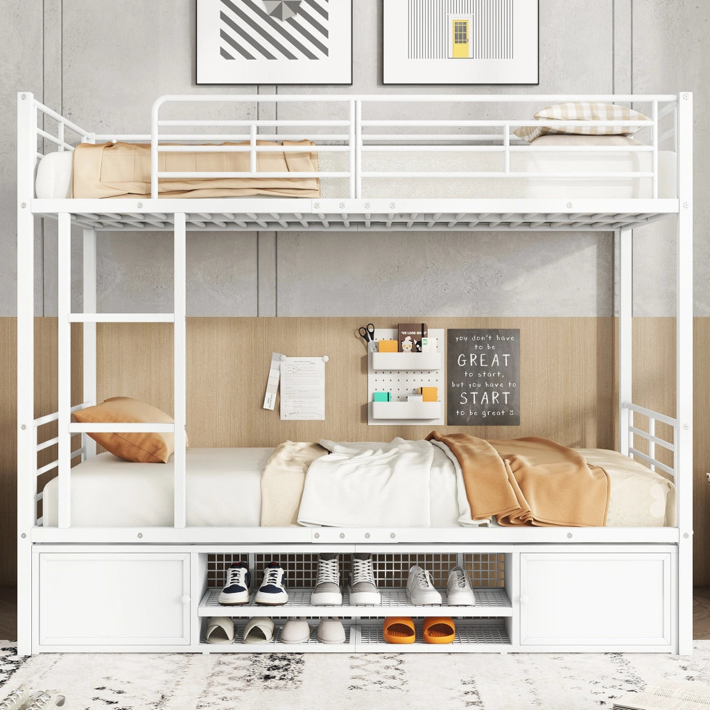 Letto a Castello 90×200 cm; Letto Singolo con Scala a 3 Gradini; Scarpiera e 2 Ante; senza Materasso