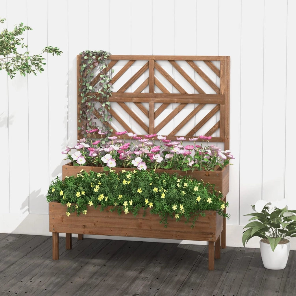 Fioriera da Giardino a 2 Livelli con Traliccio, Letto Rialzatto con Gambe in Legno, Foro di Drenaggio, Fioriera da Interno ed Esterno per Frutta, Verdura, Fiori ed Erbe Rampicanti (Marrone)