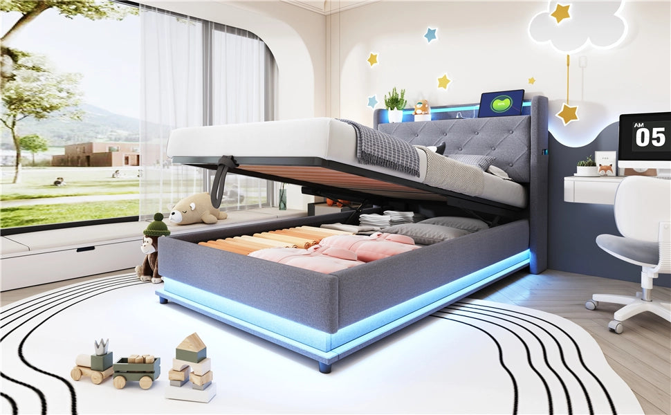 DESMIU Lit simple 90 × 200 cm con LED, USB, Type-C, vano idraulico e senza materasso, in lino, grigio