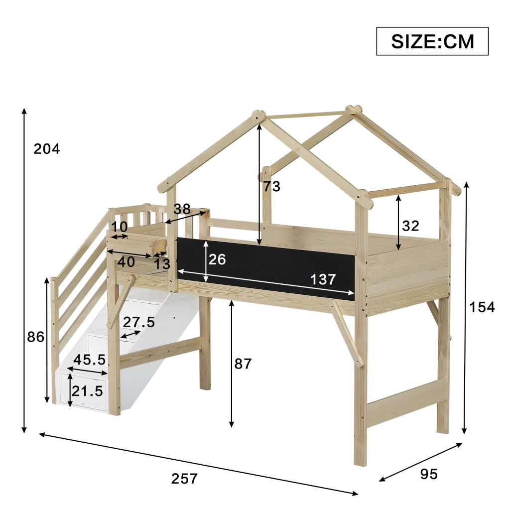 Letto a castello 90x200 cm con scala contenitore e lavagna