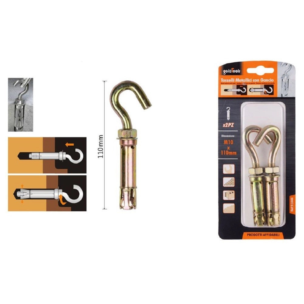 Trade Shop - Set 2 Tasselli Metallici Con Gancio Bulloni M10x110mm Accessori Minuteria 91046 -