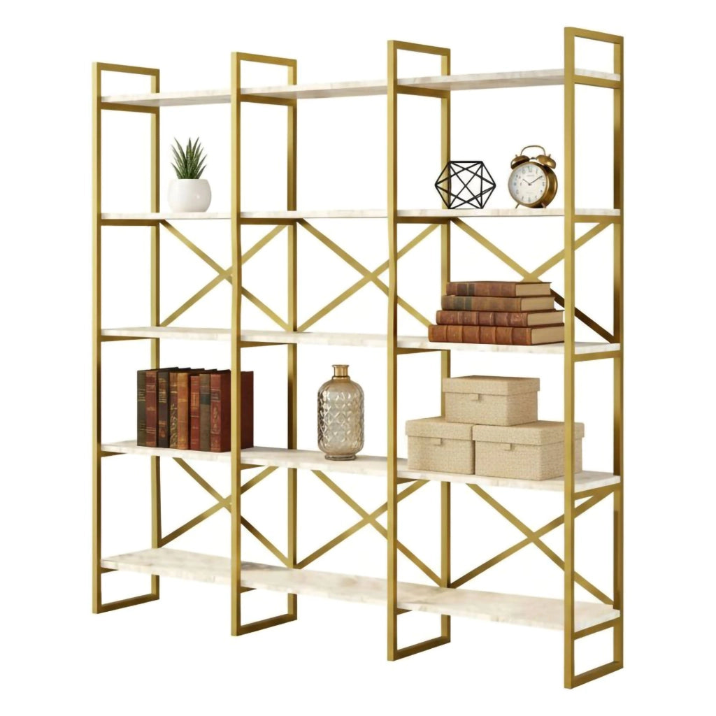 Libreria Gauro, Scaffale da ufficio, Mobile portalibri, Biblioteca, 170x30h175 cm, Bianco e Oro