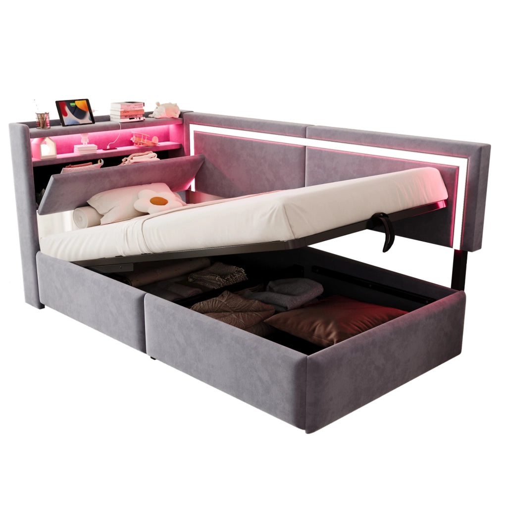 Divano letto imbottito 90x200 cm con contenitore; LED; USB e velluto grigio chiaro