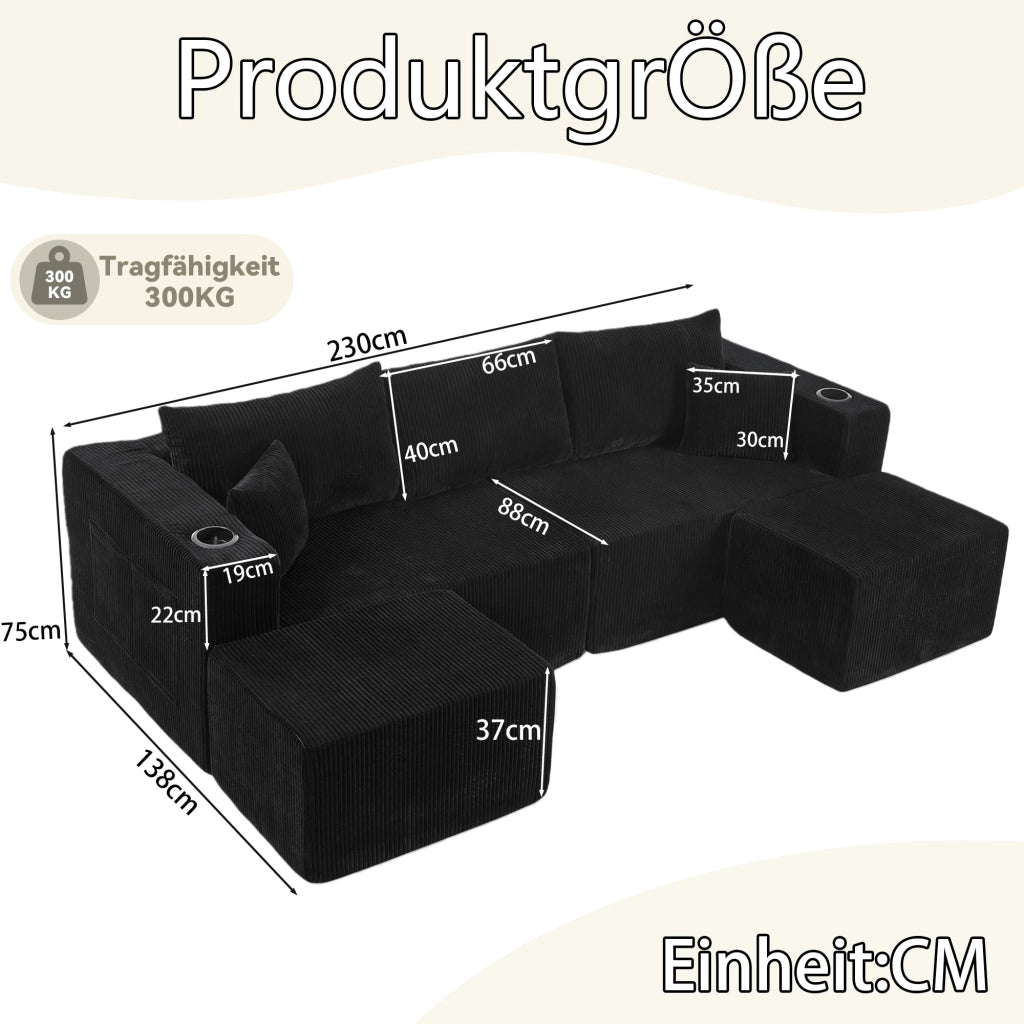 Divano angolare modulare 3 posti con pouf mobili portabicchieri tasche laterali e cuscini in velluto a coste nero