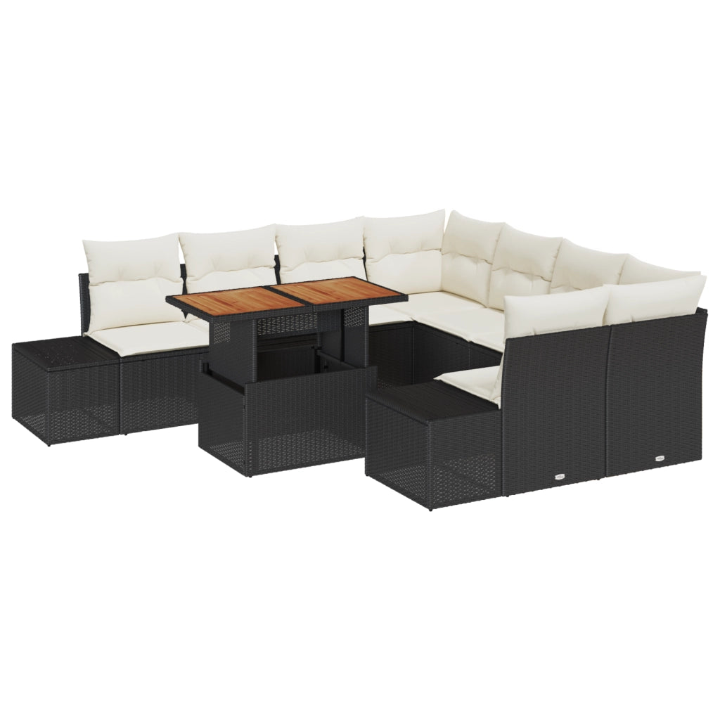 Set Divano Giardino 9 Pezzi con Cuscini Rattan Nero Polirattan