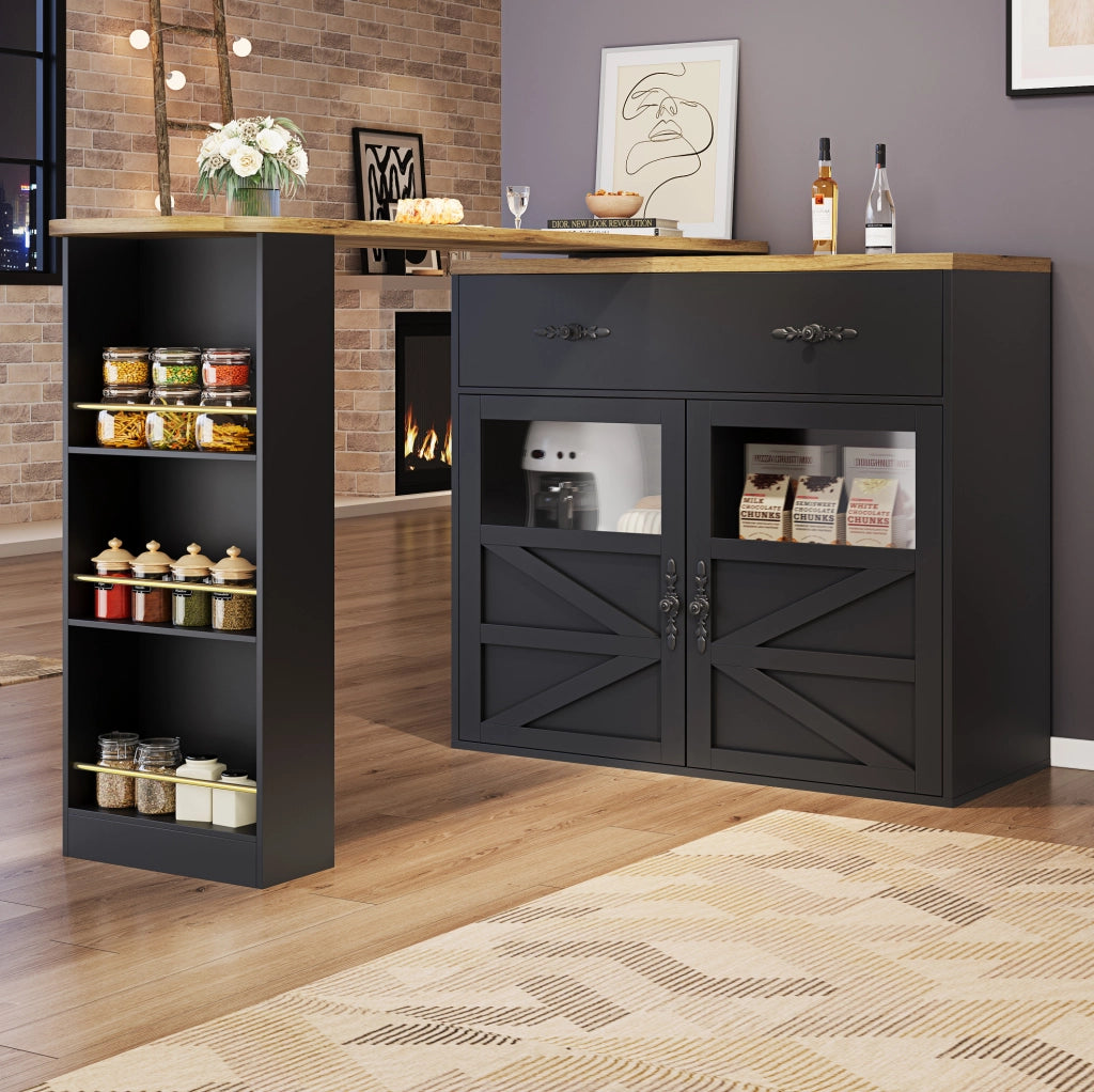 Tavolo bar 138-204x39x104 cm girevole con vani portaoggetti in MDF nero