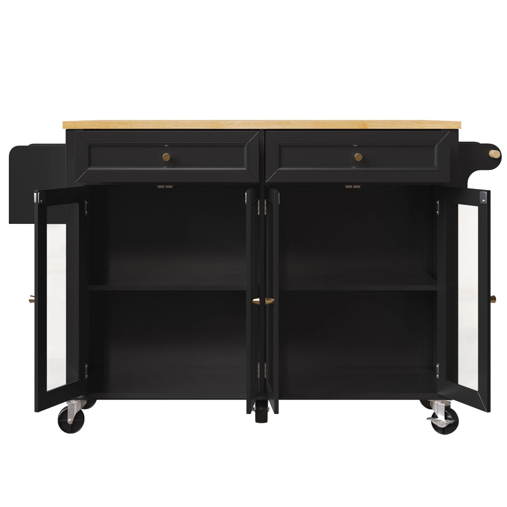 OKWISH Carrello da Cucina con Cassetto, Ripiani, Ante in Vetro e Piano Estensibile con Ruote, MDF, Nero