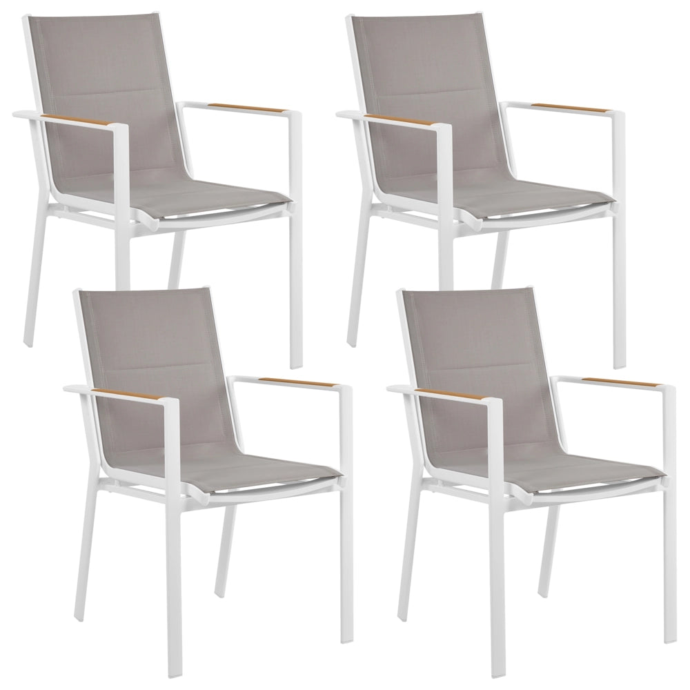Set da pranzo 4 posti composto da tavolo in alluminio con piano in vetro ceramico grigio e sedie con cuscini grigi giardino terrazzo elegante