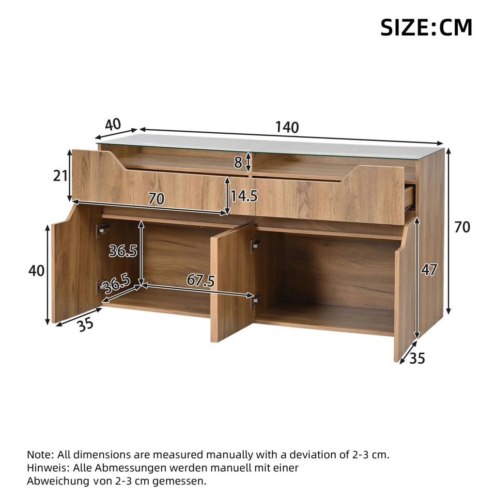 Credenza e madia con piano in vetro temperato, 2 cassetti e ante, per soggiorno, in MDF, naturale, 140 × 40 × 70 cm